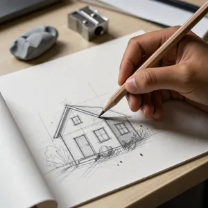 A hand drawing a sketch on paper with a pencil, the hand and pencil tip in clear focus. - Black Forest Labs FLUX 3 Image