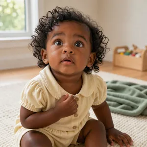 A hyper-realistic photo of a toddler with curly hair and big eyes, looking upward. - Black Forest Labs FLUX 3 Image