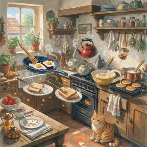 A kitchen with magical cooking implements preparing breakfast. Duplicate the artistic style of Studio Ghibli's domestic scenes, with Miyazaki's detailed settings and warm lighting. - Black Forest Labs FLUX 3 Image