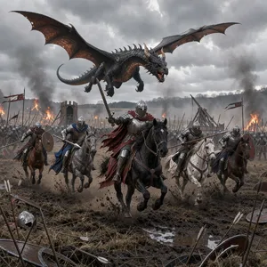 A medieval battlefield with knights on horseback and a dragon flying overhead. - Black Forest Labs FLUX 3 Image