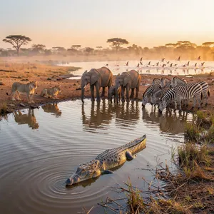 A misty dawn at an African savanna watering hole where elephants, lions, and zebras coexist in tense harmony, with a crocodile partially submerged in the foreground and flamingos taking flight in the background, golden hour lighting. - Black Forest Labs FLUX 3 Image