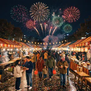 A nighttime festival with fireworks in the sky, food stalls lined up, and crowds mingling. - Black Forest Labs FLUX 3 Image