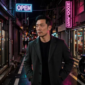 A nighttime portrait of a man lit by neon signs on a city street. - Black Forest Labs FLUX 3 Image