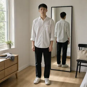 A person standing before a mirror, with their front and reflected back both visible. - Black Forest Labs FLUX 3 Image