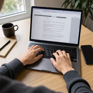 A person typing on a laptop keyboard, showing both hands on the keys. - Black Forest Labs FLUX 3 Image