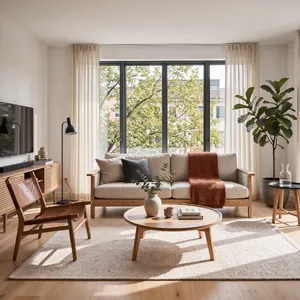 A photorealistic interior of a modern Scandinavian-style living room with natural light streaming through floor-to-ceiling windows. Show detailed wood textures, fabric materials, and proper light reflections. - Black Forest Labs FLUX 3 Image