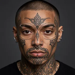 A portrait of a person with elaborate facial tattoos and piercings, shown in sharp detail. - Black Forest Labs FLUX 3 Image