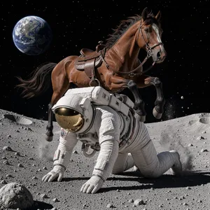 A realistic astronaut being ridden by a horse, photorealistic depiction in outer space with accurate lighting and proportions - Black Forest Labs FLUX 3 Image