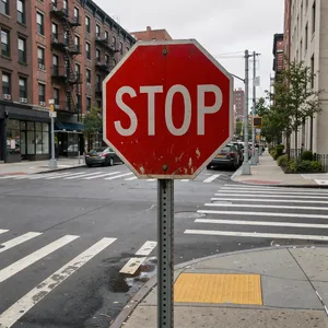 A red stop sign on a street corner displaying the word 