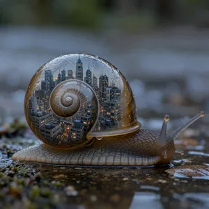A snail whose shell contains a miniature city skyline, depicted in a hyperrealistic macro photography style with intricate architectural details and ambient lighting. - Black Forest Labs FLUX 3 Image