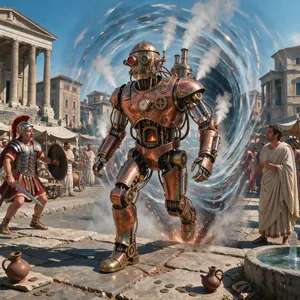 A steampunk robot time-traveling in ancient Rome, depicted in a detailed cinematic style that blends historical accuracy with copper and brass retrofuturistic aesthetics. - Black Forest Labs FLUX 3 Image