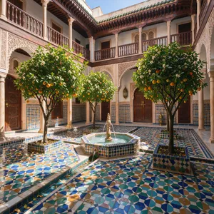 A traditional Moroccan riad courtyard with detailed zellige tilework, flowing fountain, citrus trees, and ornate woodwork. Morning light casting intricate shadow patterns. - Black Forest Labs FLUX 3 Image