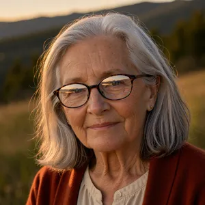 A ultra high-resolution portrait of an elderly woman with silver hair and bifocal glasses, each lens reflecting a distant landscape, captured in warm late-afternoon sunlight - Black Forest Labs FLUX 3 Image