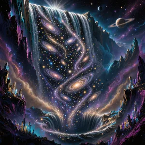 A waterfall that pours out stars and galaxies instead of water, illustrated in a cosmic fantasy style with vibrant space colors and dramatic lighting effects. - Black Forest Labs FLUX 3 Image