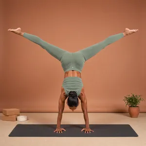 A yoga practitioner in a complex pose, arms and legs fully extended (full-body view). - Black Forest Labs FLUX 3 Image