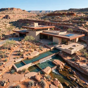 Aerial view of a modernist desert home, in the style of Frank Lloyd Wright's Fallingwater but adapted to desert conditions. Show integration with rocky landscape and water features. - Black Forest Labs FLUX 3 Image