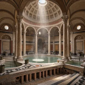 An ancient Roman bathhouse interior with accurate architectural details - marble columns, mosaic floors, arched ceilings, and steam rising from pools. Natural light from oculus openings. - Black Forest Labs FLUX 3 Image