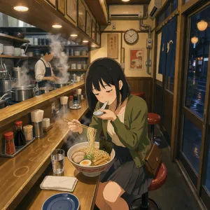 An anime scene of a character eating ramen at a small shop counter (slice-of-life style). - Black Forest Labs FLUX 3 Image