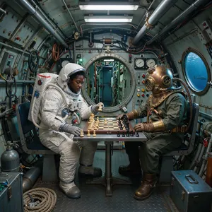 An astronaut and a deep-sea diver playing chess together inside a submarine. - Black Forest Labs FLUX 3 Image