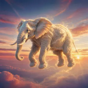 An elephant made of clouds floating in a sunset sky, rendered in a surrealist photorealistic style with ethereal golden lighting and atmospheric depth. - Black Forest Labs FLUX 3 Image