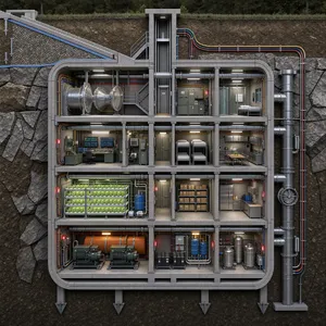 Cross-section rendering of a multi-level underground bunker with different functional areas, structural support systems, ventilation, and power generation facilities visible. - Black Forest Labs FLUX 3 Image