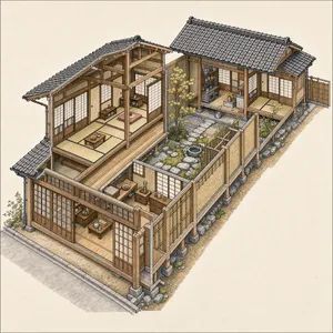 Cutaway architectural drawing of a traditional Japanese machiya townhouse showing all rooms and structural elements. Include accurate proportions, traditional joinery, and typical spatial organization. - Black Forest Labs FLUX 3 Image