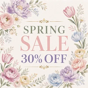 Instagram post graphic: 'SPRING SALE 30% OFF'. Floral background, pastel colors, elegant serif font style visually integrated. - Black Forest Labs FLUX 3 Image