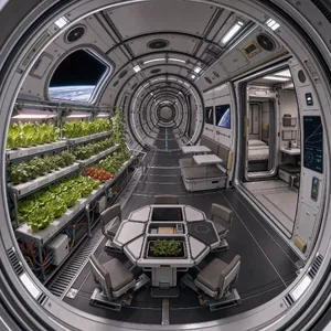 Interior of a futuristic space habitat with hydroponics gardens, communal areas, and living quarters. Show curved walls, artificial gravity considerations, and multipurpose furniture designs. - Black Forest Labs FLUX 3 Image