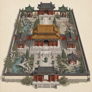 Isometric architectural illustration of an ancient Chinese temple complex showing multiple pavilions, gardens, and ceremonial spaces. Include proper roof structures and traditional ornamentation. - Black Forest Labs FLUX 3 Image