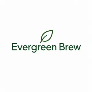 Minimalist logo for a sustainable coffee brand 'Evergreen Brew', single leaf motif, clean lines, vector style, white background. 'Evergreen Brew' contained as text in logo - Black Forest Labs FLUX 3 Image
