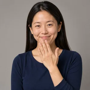 Photorealistic close-up portrait of a person clearly performing the American Sign Language gesture for 