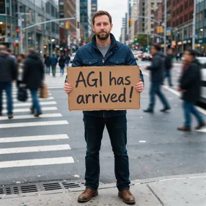 Photorealistic daytime street photograph, clearly showing a man standing still on a busy urban street corner holding a rectangular cardboard sign clearly facing camera, handwritten bold black marker text clearly readable as 