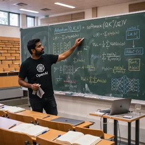 Photorealistic depiction of a man wearing a clearly visible black OpenAI-branded T-shirt. He is standing at the front of a university lecture hall, writing complex mathematics and AI-related equations across a large, dusty chalkboard filled with notation - Black Forest Labs FLUX 3 Image