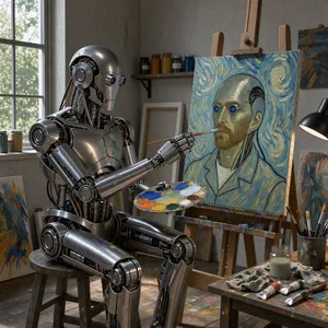 Photorealistic image of a robot painting a realistic self-portrait (i.e. the robot) on canvas, mimicking Van Gogh’s art style; clear, realistic metallic textures and painting details visible - Black Forest Labs FLUX 3 Image