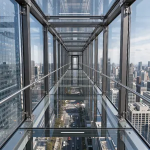 Photorealistic rendering of a contemporary glass skybridge between two skyscrapers, seen from inside with city views visible through glass walls and floor. Show accurate reflections and structural details. - Black Forest Labs FLUX 3 Image