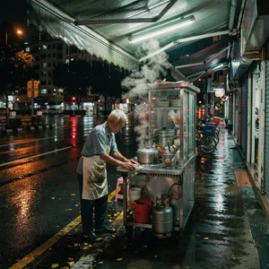 Rain-slicked Singapore street, 3 AM. A lone elderly hawker cleans his cart under one flickering fluorescent light. Steam rises gently. Low-angle shot, photorealistic - Black Forest Labs FLUX 3 Image