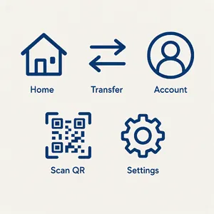 Set of 5 consistent flat design icons for a mobile banking app: 'Home', 'Transfer', 'Account', 'Scan QR', 'Settings'. Monochrome dark blue. - Black Forest Labs FLUX 3 Image