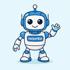 Simple flat vector mascot: friendly smiling robot character 'HelperBot', approachable design, primarily blue and white. - Black Forest Labs FLUX 3 Image