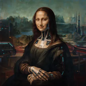 The Mona Lisa reimagined as a futuristic android, rendered in a digital art style that preserves Da Vinci's composition while incorporating sleek cyberpunk aesthetics and technological elements. - Black Forest Labs FLUX 3 Image