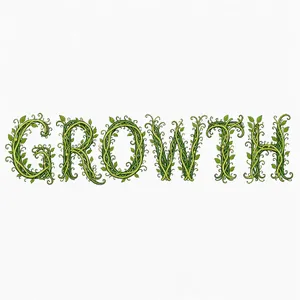 The word 'GROWTH' visualized using stylized plant vines organically forming the letters, green tones, white background, graphic design. - Black Forest Labs FLUX 3 Image