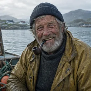 A 4K photo of an old fisherman with a weathered face and a pipe, grinning. - Microsoft MAI-Image-2.6