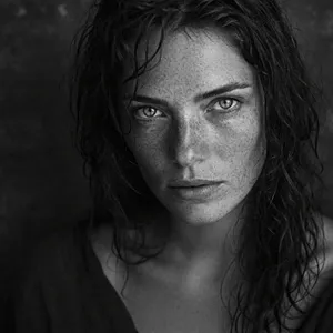 A black and white close-up portrait of a freckled woman with an intense gaze. - Microsoft MAI-Image-2.6