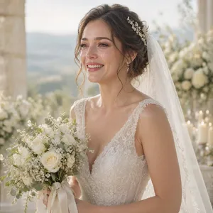 A bride on her wedding day, smiling with tears of joy in her eyes. - Microsoft MAI-Image-2.6