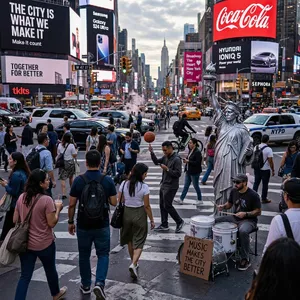 A busy city intersection with cars, pedestrians, and street performers all in one frame. - Microsoft MAI-Image-2.6