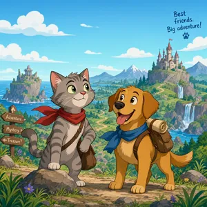 A cartoon of a cat and a dog on an adventure, drawn in a colorful 2D style. - Microsoft MAI-Image-2.6