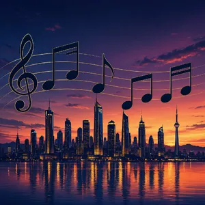 A city skyline that forms the shape of musical notes on a staff, created in a stylized graphic design aesthetic with clean architectural lines and dramatic twilight colors. - Microsoft MAI-Image-2.6