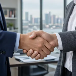 A close-up of two people shaking hands, both hands fully visible with five fingers each, in sharp focus against a blurred background. - Microsoft MAI-Image-2.6