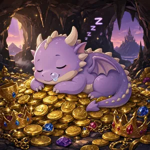 A cute chibi-style dragon sleeping on a pile of gold. - Microsoft MAI-Image-2.6