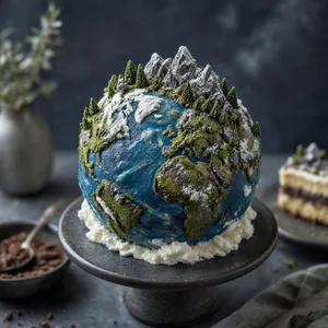 A dessert cake that looks like a tiny planet, complete with miniature trees and mountains, photographed in a professional food photography style with tilt-shift focus effect. - Microsoft MAI-Image-2.6