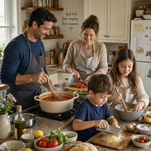 A family cooking together in a kitchen, each person busy with a different task. - Microsoft MAI-Image-2.6